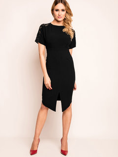 Asymmetrical Round Neck Plain Asymmetrical Cotton Blends Knee Length Dresses (Style V200061)