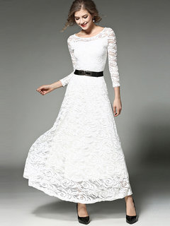French Romantic Round Neck Plain Lace Cotton Maxi Dresses (Style V200066)