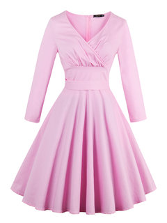 A-line V-neck Cotton Blends Knee Length Dresses (Style V200070)