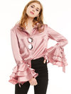 Shawl Collar Loose Plain Satin Strappy Blouse (Style V200078)