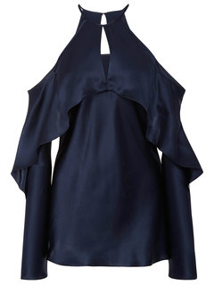 Round Neck Slim Plain Satin Patchwork Blouse (Style V200079)