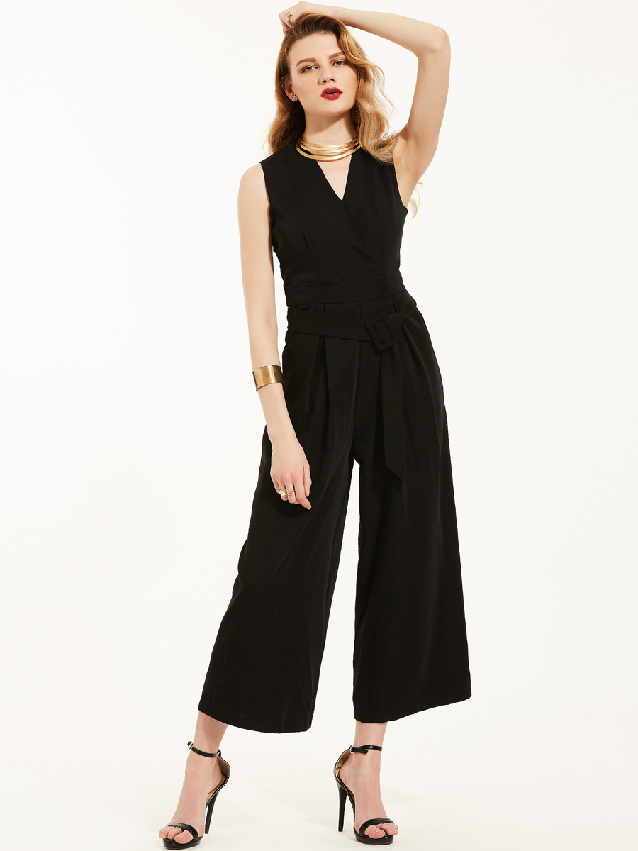Black Ankle Length Slim Plain Polyester Jumpsuit (Style V200088) - VEDACHIC