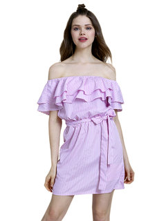 Fashion Off The Shoulder Striped Cascading Ruffle Polyester Mini Dresses (Style V200097)