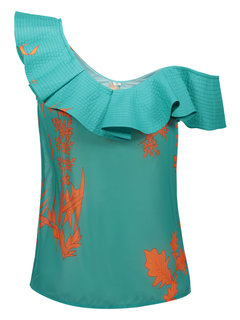 Short Loose Floral Chiffon Asymmetrical Blouse (Style V200104)