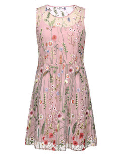 A-line Round Neck Floral Embroidered Tulle Knee Length Dresses (Style V200113)