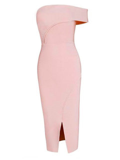 Asymmetrical Off The Shoulder Plain Backless Midi Dresses (Style V200120)