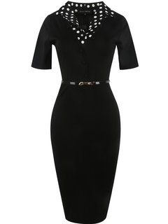 Pencil Notched Polka Dot Patchwork Midi Dresses (Style V200131)