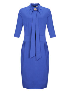 Pencil Stand Collar Plain Patchwork Cotton Blends Midi Dresses (Style V200134)