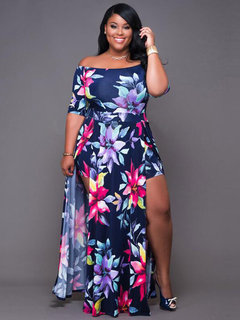 Asymmetrical Off The Shoulder Floral Print Polyester Maxi Dresses (Style V200142)