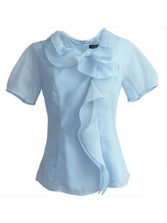 Round Neck Standard Slim Plain Cascading Ruffle Blouse (Style V200144)