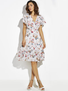 A-line V-neck Floral Print Chiffon Knee Length Dresses (Style V200145)