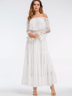 Expansion Off The Shoulder Camouflage Backless Chiffon Maxi Dresses (Style V200147)