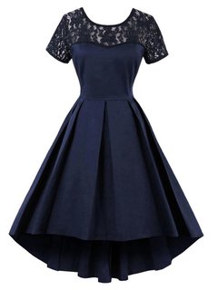 Asymmetrical Round Neck Plain Patchwork Cotton Midi Dresses (Style V200154)