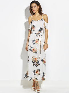 Asymmetrical Spaghetti Strap Floral Print Cotton Blends Maxi Dresses (Style V200155)