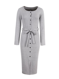 Modern Bodycon Round Neck Plain Knitted Bodycon Dresses (Style V200158)