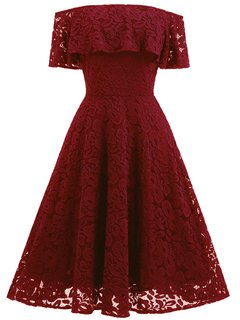 Expansion Off The Shoulder Plain Lace Knee Length Dresses (Style V200159)
