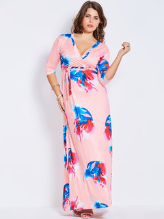 Expansion V-neck Floral Print Polyester Maxi Dresses (Style V200161)