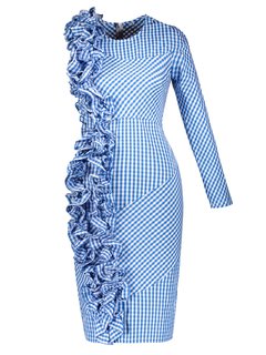 Bodycon Round Neck Plaid Asymmetrical Polyester Knee Length Dresses (Style V200162)