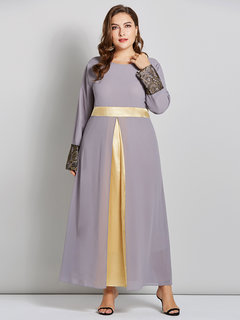 A-line Round Neck Plain Patchwork Chiffon Maxi Dresses (Style V200164)