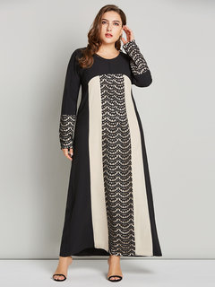 A-line Round Neck Geometric Patchwork Polyester Maxi Dresses (Style V200165)