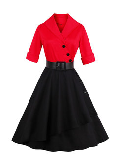 Expansion Lapel Color Block Patchwork Cotton Knee Length Dresses (Style V200170)