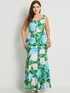 Mermaid V-neck Color Block Patchwork Polyester Maxi Dresses (Style V200174)