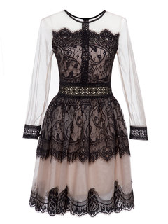 A-line Round Neck Color Block Patchwork Lace Knee Length Dresses (Style V200178)