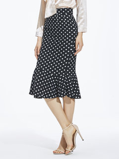 Mid-Calf Mermaid Cascading Ruffle Polyester Polka Dot Skirt (Style V200181)