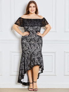 Asymmetrical Off The Shoulder Plain Patchwork Lace Maxi Dresses (Style V200198)