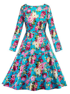 A-line Round Neck Floral Print Floral Dresses (Style V200199)