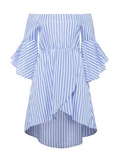 Asymmetrical Off The Shoulder Striped Backless Polyester Midi Dresses (Style V200216)