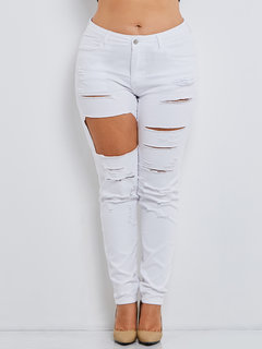 Maxi Skinny Cut Out Cotton Denim Fabric Plain Jeans (Style V200219)