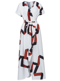 A-line V-neck Geometric Print Cotton Blends Maxi Dresses (Style V200220)