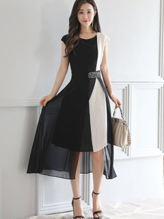 Expansion Round Neck Color Block Patchwork Midi Dresses (Style V200221)