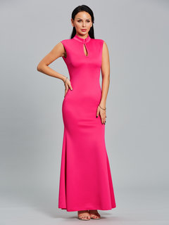 Mermaid Stand Collar Plain Backless Maxi Dresses (Style V200225)