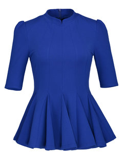 Stand Collar Slim Plain Polyester Cascading Ruffle Blouse (Style V200228)