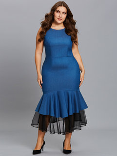 Asymmetrical Round Neck Color Block Patchwork Cotton Blends Midi Dresses (Style V200230)