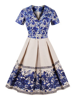 A-line V-neck Color Block Print Cotton Floral Dresses (Style V200231)