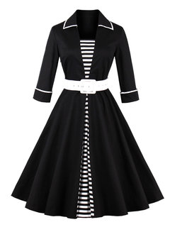 Work A-line Lapel Striped Cotton Work Dresses (Style V200232)