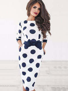 Work Bodycon Round Neck Polka Dot Bow Knee Length Dresses (Style V200244)