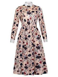 A-line Polo Neck Floral Print Polyester Floral Dresses (Style V200262)