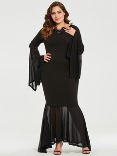 Mermaid Round Neck Plain Backless Maxi Dresses (Style V200268)