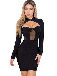 Bodycon Round Neck Plain Patchwork Bodycon Dresses (Style V200272)