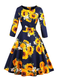 Expansion Round Neck Floral Patchwork Cotton Floral Dresses (Style V200273)