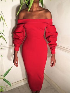 Pencil Off The Shoulder Plain Backless Midi Dresses (Style V200274)