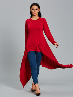Round Neck Long Slim Plain Asymmetrical T Shirt (Style V200280)