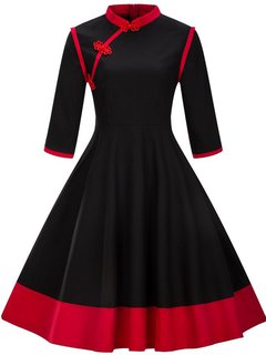 Expansion Stand Collar Color Block Patchwork Cotton Blends Midi Dresses (Style V200283)