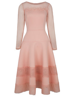 A-line Round Neck Plain Patchwork Polyester Midi Dresses (Style V200284)