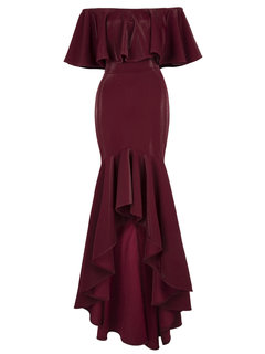 Asymmetrical Off The Shoulder Plain Backless Polyester Maxi Dresses (Style V200285)