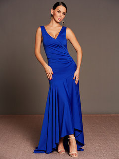 Asymmetrical V-neck Plain Ruffle Polyester Maxi Dresses (Style V200287)